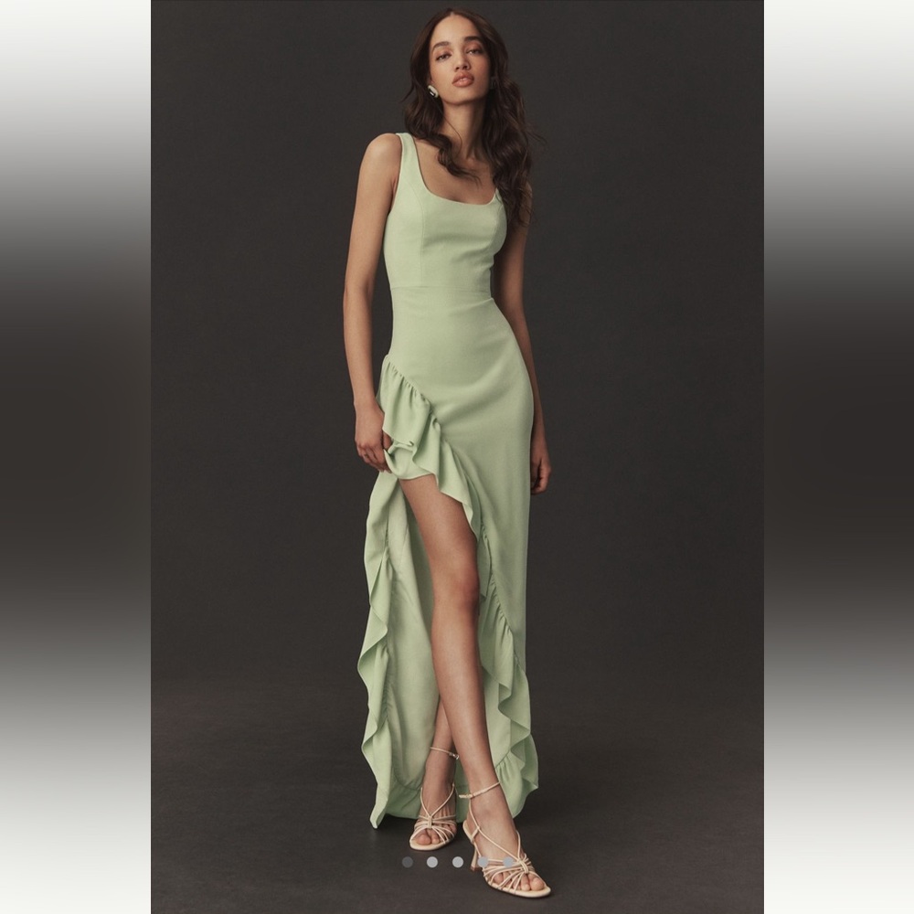 Dress the Population Charlene Square Neck Ruffle Side Slit Gown